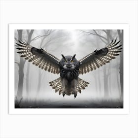 An Owl In Flight Against A Foggy Forest Background Art Print