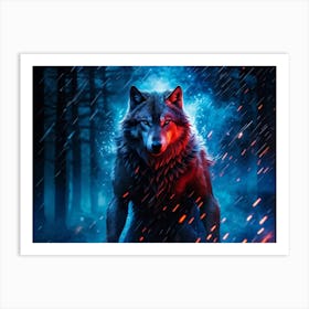 Full Body Wolf Enhanced With Blue And Red Sparks Amidst Rain Striking An Ethereal And Supernatural Art Print