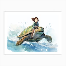 Little Girl Riding Sea Turtle 1 Art Print