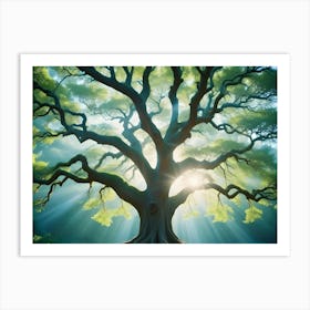 A Large, Majestic Tree With Spreading Branches Reaching Towards A Bright Sun Shining Through The Leaves, Creating A Dramatic Scene Art Print