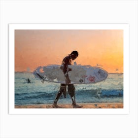 Surfer Goes Home At Sunset Oil Painting Landscape Art Print