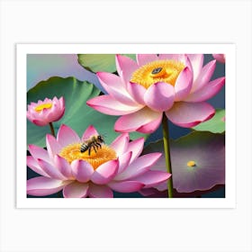 Lotus Flower With Bee Art Print