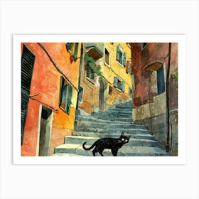 Black Cat In Rome, Italy, Street Art Watercolour Painting 6 Art Print