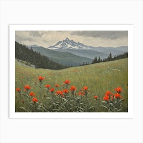 Vintage Oil Painting of indian Paintbrushes in a Meadow, Mountains in the Background 2 Art Print