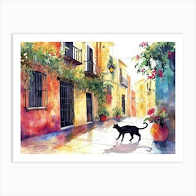 Valencia, Spain   Cat In Street Art Watercolour Painting 2 Art Print