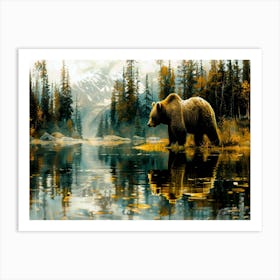 Bear Island - Grizzly By Lake Art Print