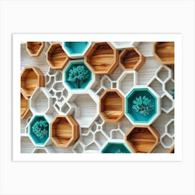 White Lattice And Turquoise Elements Combine With Dynamic Hexagons In An Oak Wood Art Print