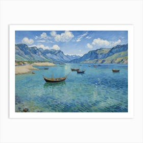 Boat In The Bay Mountains Art Print