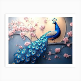 3d Background Blue Peacock on Branch Art Print