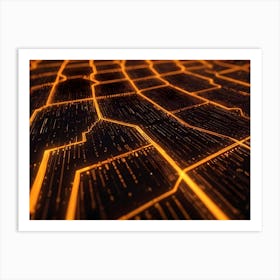 Abstract Close Up Of A Circuit Board With Glowing Orange Circuitry Lines Art Print