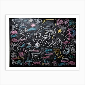 Blackboard Art Showcasing The Creative Chaos Of Chalk White Strokes Swirling With Abstract Circles A (3) Art Print