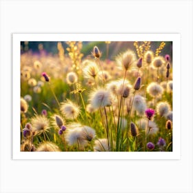 Field Of Fluffy White Flowers In Golden Sunlight Art Print