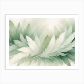 A Watercolor Style Background With Soft, Green And White Feathers Arranged In A Delicate And Ethereal Pattern Art Print