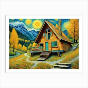 Van Gogh S Style A Frame Cabin In The Swiss Alps Art Print