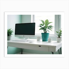 Photo Of A White Desk With A Computer, A Keyboard, A Mouse, Two Potted Plants, And Two Mugs Art Print