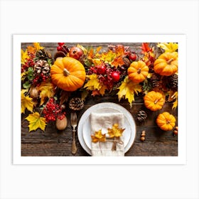 Autumn Themed Table Decor Featuring An Assortment Of Yellow And Orange Leaves Acorns Amidst A Garde (4) Art Print