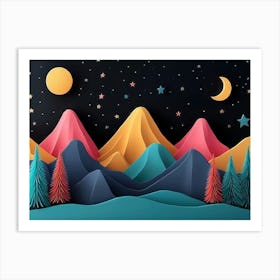 3d Modern Artwork Night Landscape, Colorful Mountains, Trees, Dark Black Background With Stars And Moon 2 Art Print