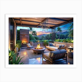 Modern Outdoor Living Space With A Fireplace And Fire Pit Art Print