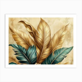 Vintage Tropical Green Brown Leaves, Beige Background, Golden Texture 7 Art Print