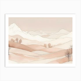 A Watercolor Painting Of A Mountainous Landscape With Soft, Neutral Colors Art Print