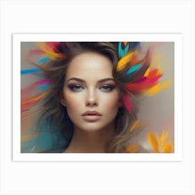 Beautiful Girl With Colorful Feathers Art Print