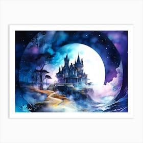 Abstract Watercolor Art of a Surrealistic Castle on a Rock Formation by Night Art Print