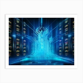 A Digital Painting Of An Abstract Cyber World In Which A Thick Neon Blue Firewall Serves As A Rugg (3) Art Print