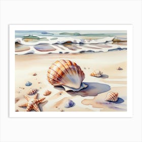 Seashells on the beach, watercolor painting 1 Art Print