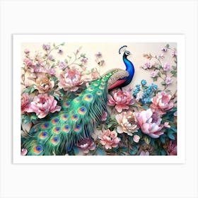 Peacock And Flowers 6 Art Print