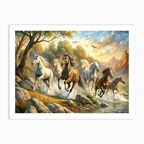 Horses Running By A River Art Print