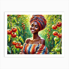 A Beautiful African Woman In A Lush Garden Filled With Ripe Tomatoes Art Print