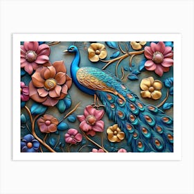 Elegant Leather Base Combines Bright Color Floral With Exotic Oriental Pattern Flowers And Peacocks Illustration Art Print