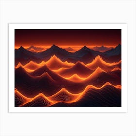 An Abstract Image Of A Digital Landscape With Glowing Orange Lines Forming Undulating Peaks, Representing A Virtual World Or A Data Driven Environment Art Print