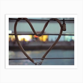 Heart Shaped Padlock Locked Metal Cables During Twilight Time Art Print