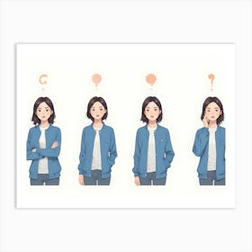 Animated Girl In Blue Jacket With Different Expressions Art Print