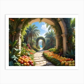 A Serene Tropical Garden With Stone Arches Leading To A View Of The Ocean Art Print