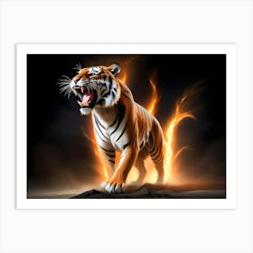 An Image Of A Roaring Tiger With Orange Flames Behind It Art Print