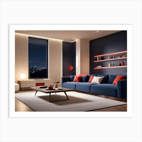 A Living Room With A Blue Wall, A Blue Couch, Red Throw Pillows, A Coffee Table, And A Large Window With A City View At Night Art Print