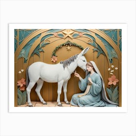 Nativity Scene with Mary and White Donkey in Art Nouveau Style Art Print