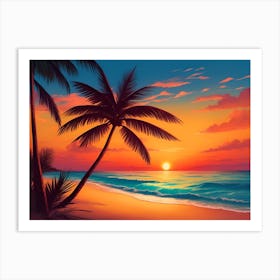 A Tranquil Beach At Sunset Horizontal Illustration 16 Art Print