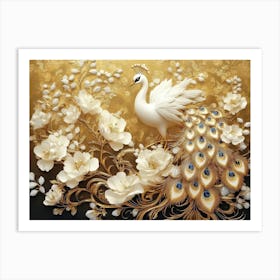 Golden And White Floral Peacock 1 Art Print