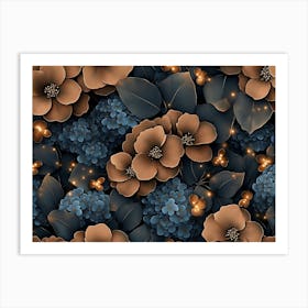 Floral Seamless Pattern with Vintage Hydrangea Flowers, Leaves, Fireflies Art Print