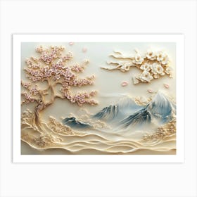 Beautiful Sakura Tree and Mountain 3d 4 Art Print