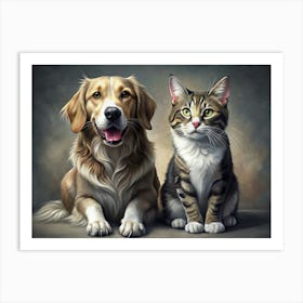 Golden Retriever Dog And Tabby Cat Sitting Together Art Print