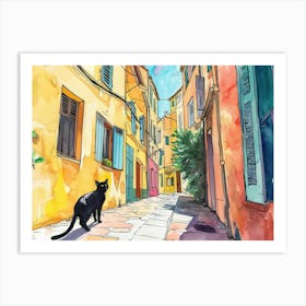 Marseille, France   Cat In Street Art Watercolour Painting 4 Art Print