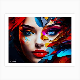 Women Face - Close Up with Abstract Color of Paper And Leafs Art Print