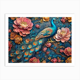 Peacock And Flowers 1 Art Print