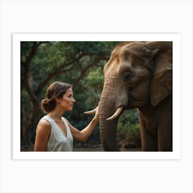 Woman Touching An Elephant Art Print