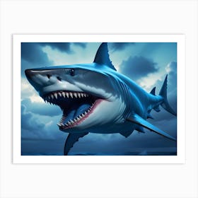 Close Up Of A Great White Shark With Its Mouth Open, Revealing Sharp Teeth, Against A Stormy Ocean Backdrop Art Print