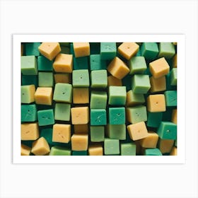 Background Of Green And Yellow Cubes With A Floral Imprint Art Print